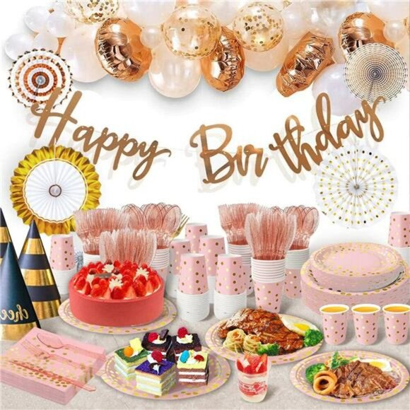 Pink Rose Gold Party Supplies Set for 25 Guests Plates Cups Napkins Cutlery - Picture 6 of 7